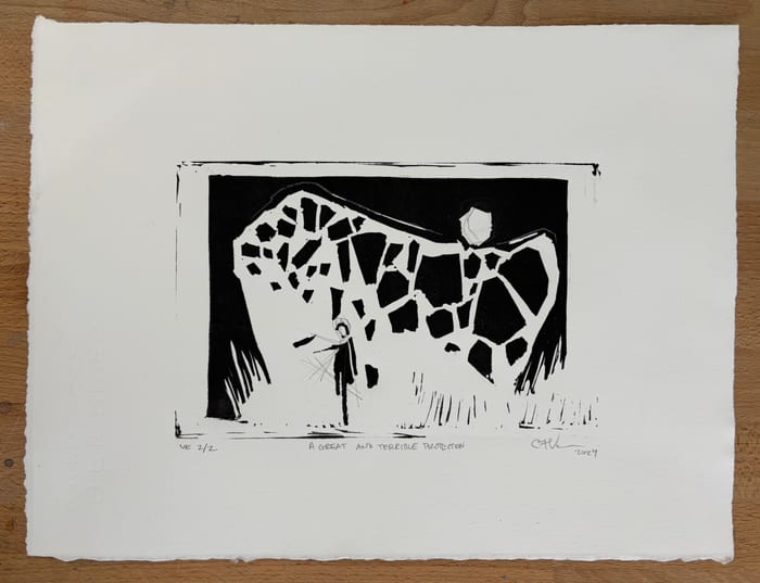 A Great and Terrible Protection — Linocut print · 2024