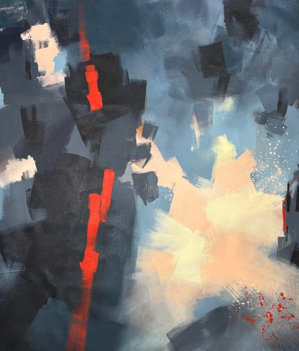 And So the Infinite Division of Space and Time — Acrylic and charcoal pencil on canvas · 40 × 34 in · 2025
