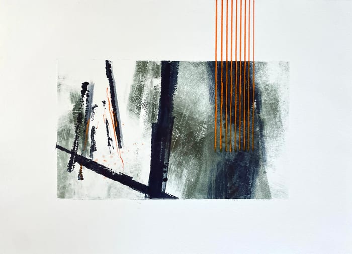 Disruption 4 — Mixed media on ink monotype · 6 × 10 in · 2023
