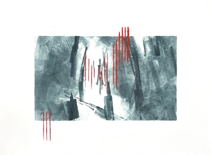 Divergence 2 — Ink monotype and acrylic · 6 × 9 in · 2023