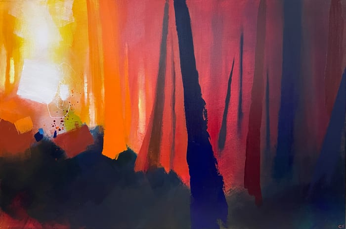 Our Binds Break At Dawn (Though We Cannot Always Feel It) — Acrylic and charcoal pencil on canvas · 24 × 36 × 1.5 in · 2022