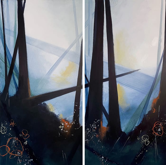 Squak Mountain East + West — Mixed Media diptych on cradled wood panel · 36 × 36 × 0.875 in · 2021