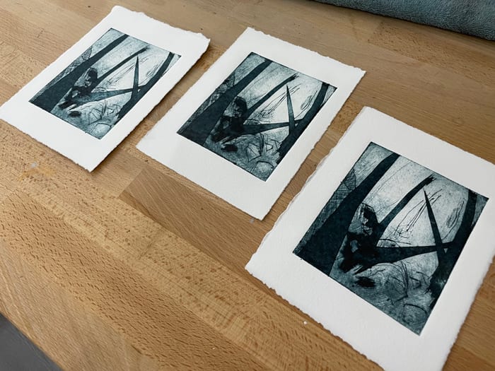 The Day Born (Triptych) — Collograph with drypoint · 4 × 5 in · 2023