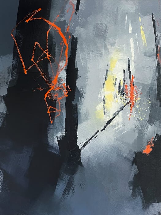 Until the Swift Immolation of Hubris — Acrylic, pencil, and oil stick on paper · 30 × 24 × 2 in · 2023