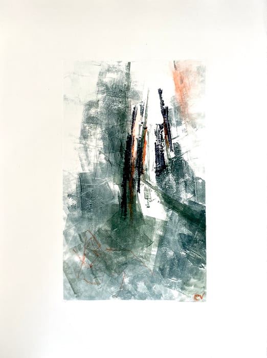 Untitled — Mixed media on ink monotype · 10 × 6 in · 2023