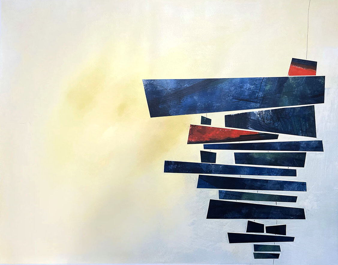 All Of It — acrylic, pencil, and collage with stacked dark blue bars balancing precariously