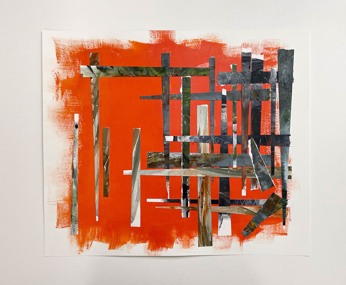 I'll Pencil You In — acrylic and collage on an orange ground with a grid of dark collaged strips